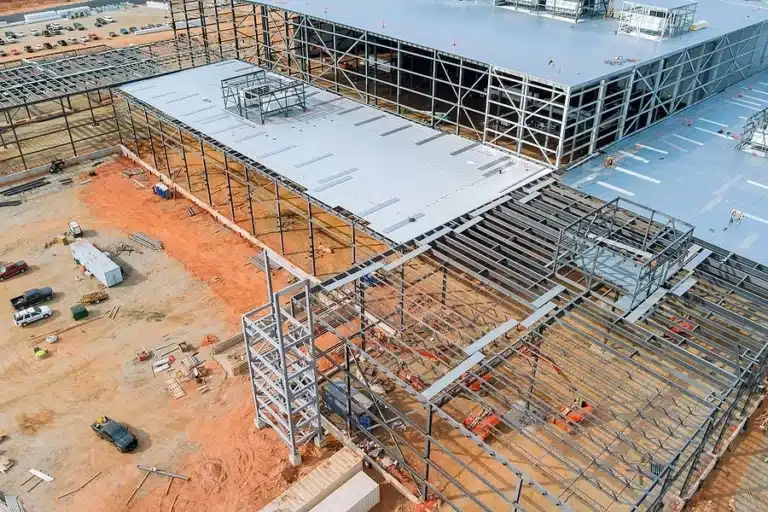 Aerial view of a structural steel building frame under construction in Michigan