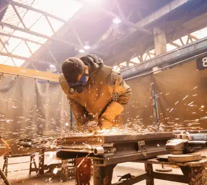 Welder grinding a fabricated steel part on a workbench in the fabrication shop in Illinois