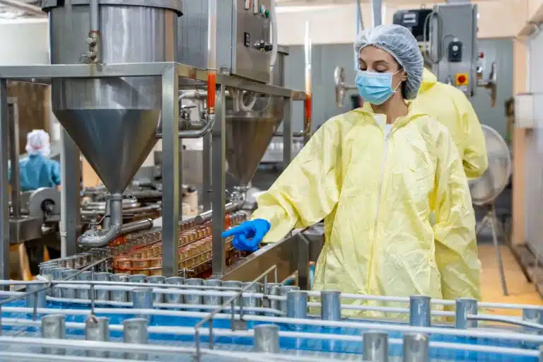 Worker in protective gear inspecting a stainless steel food processing line in Michigan