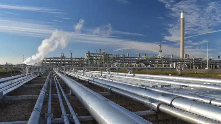 Pipelines running toward an oil and gas refinery under a blue sky in Michigan